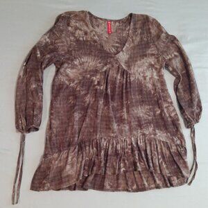 Urban Mangoz High-Low Dress Size M Brown Tie-Dye Ruffled Hem Long Tie Sleeves